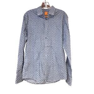 Hugo Boss slim fit blue and white geometric design button up shirt sz S